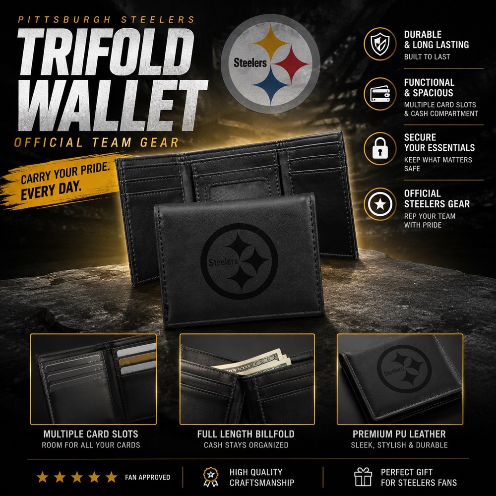 NFL Pittsburgh Steelers Mens Black Trifold Wallet Debossed Logo Faux Leather